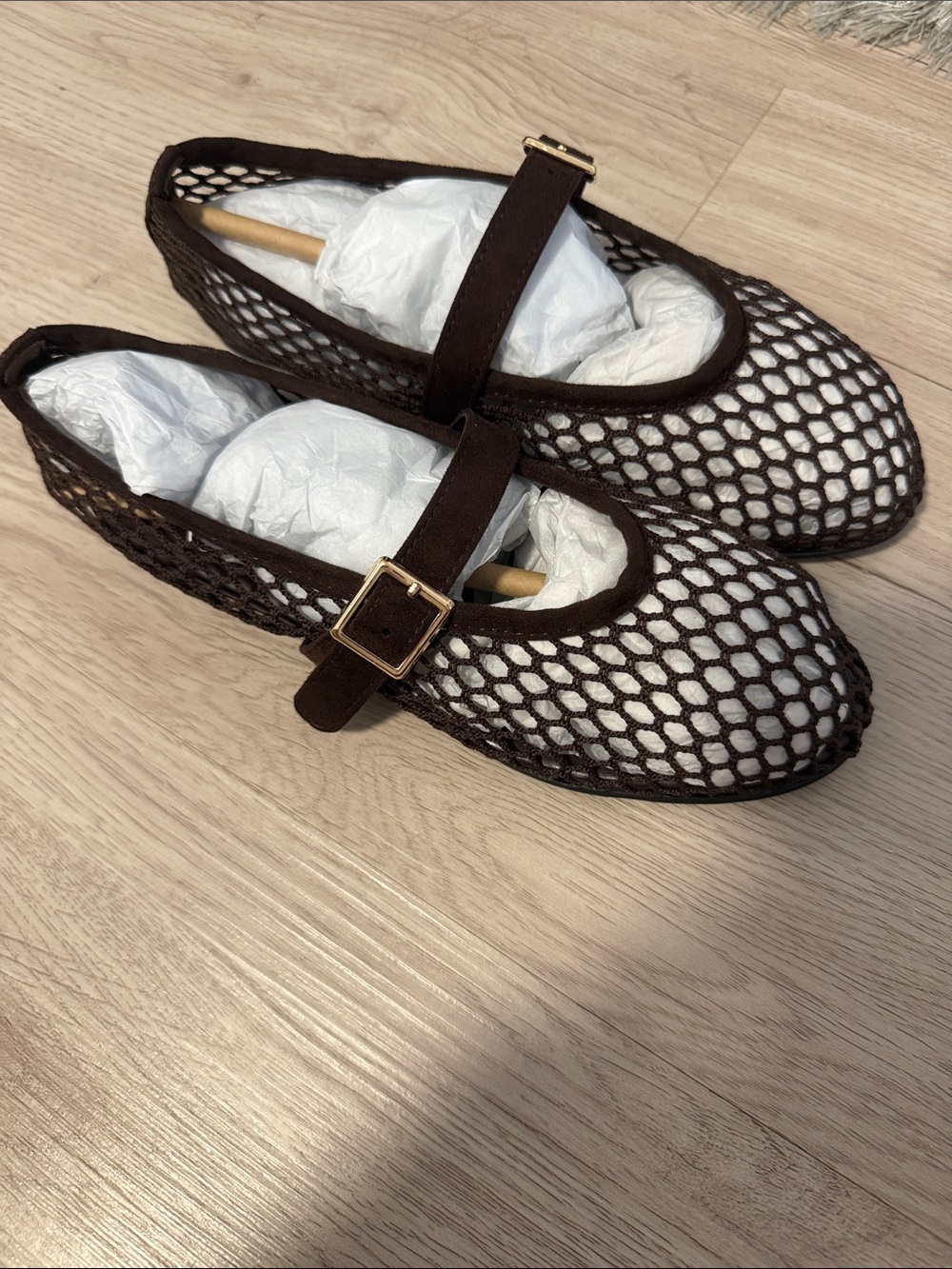 Brown Mesh Mary Jane Flats with Gold Buckles